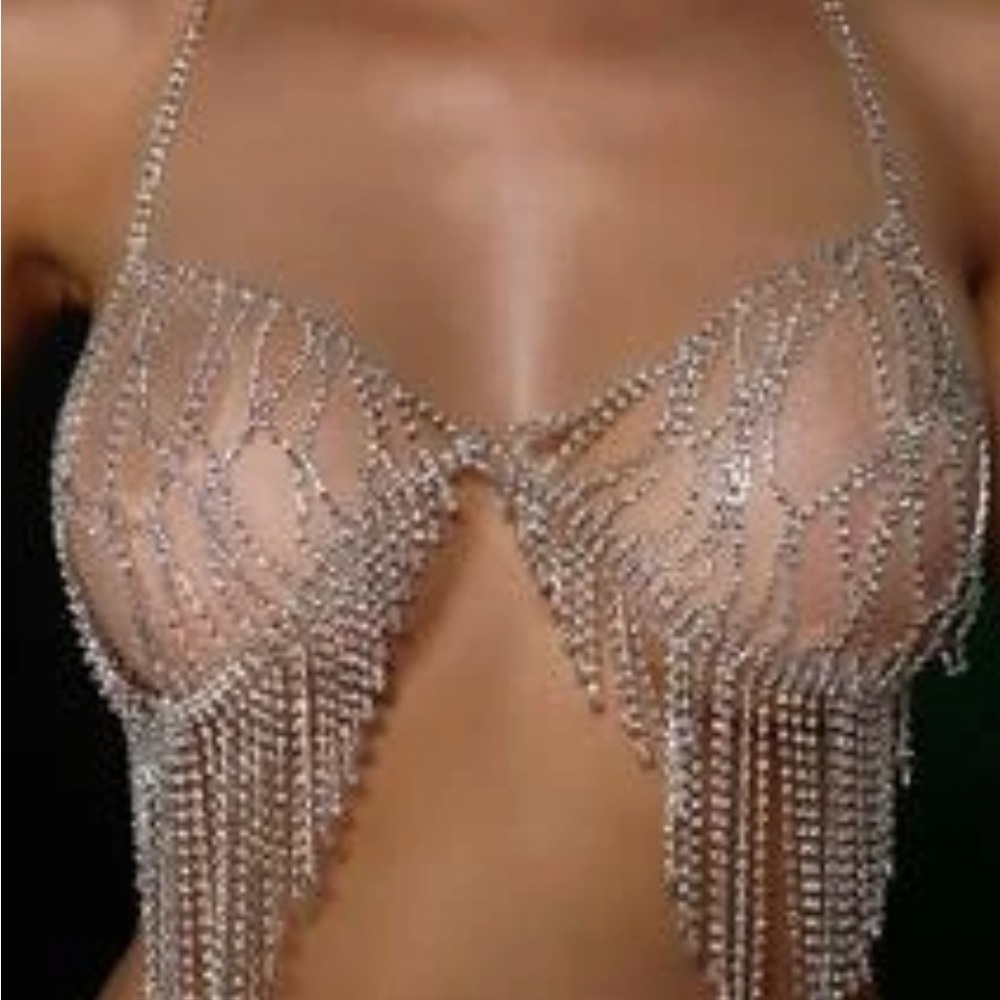 Rhinestone Body Decor Chain Bra SILVER ONE SIZE NEW